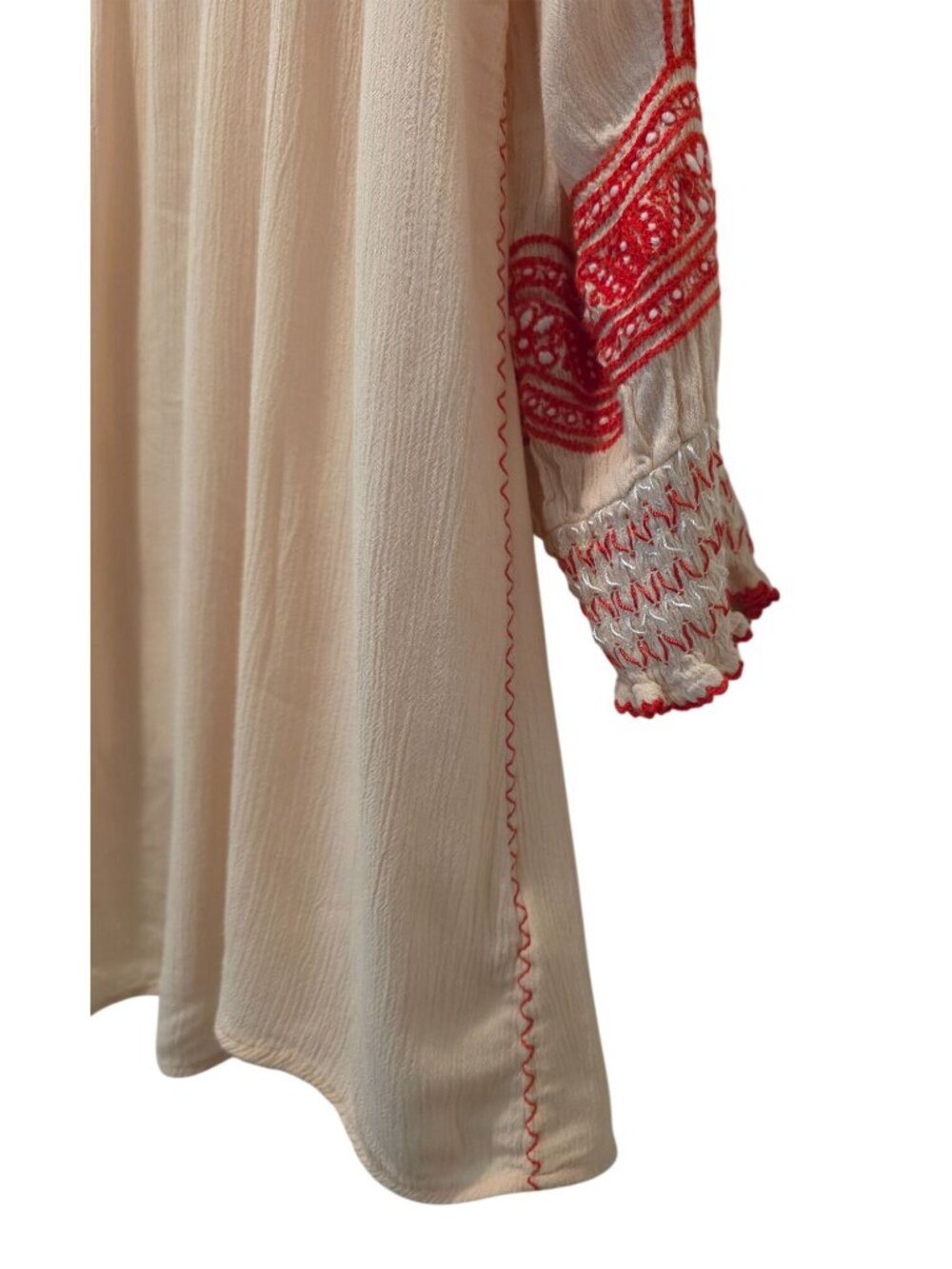 Free People Wind Willow Red Embroidered Ivory Boho Tunic Mini Dress Sz L - Picture 5 of 10